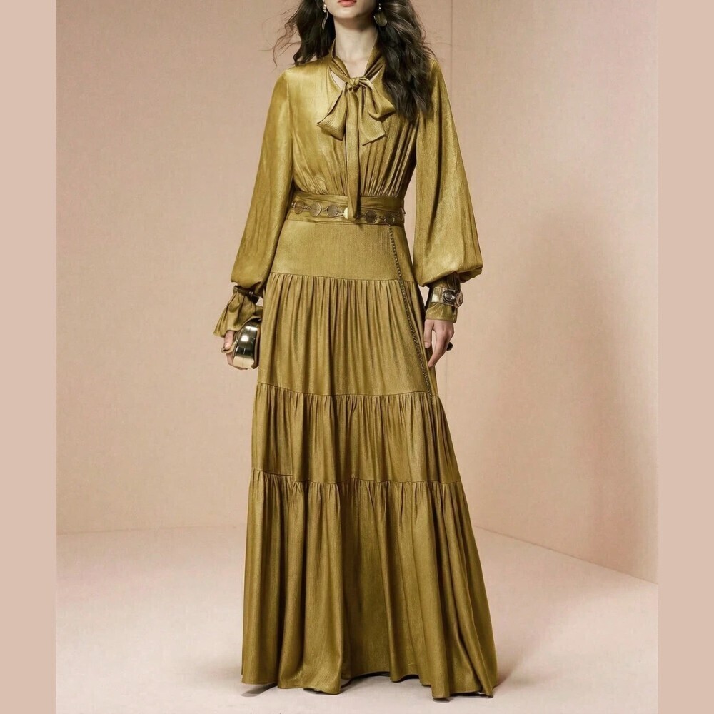 Warm Olive Gold Satin Tie Neck Bishop Sleeve Tiered Maxi Dress